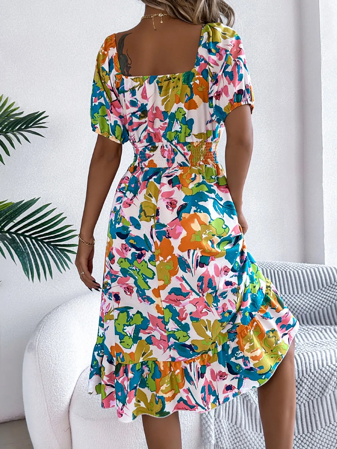 Ruffled Hem Smocked Floral Short Sleeve Midi Dress