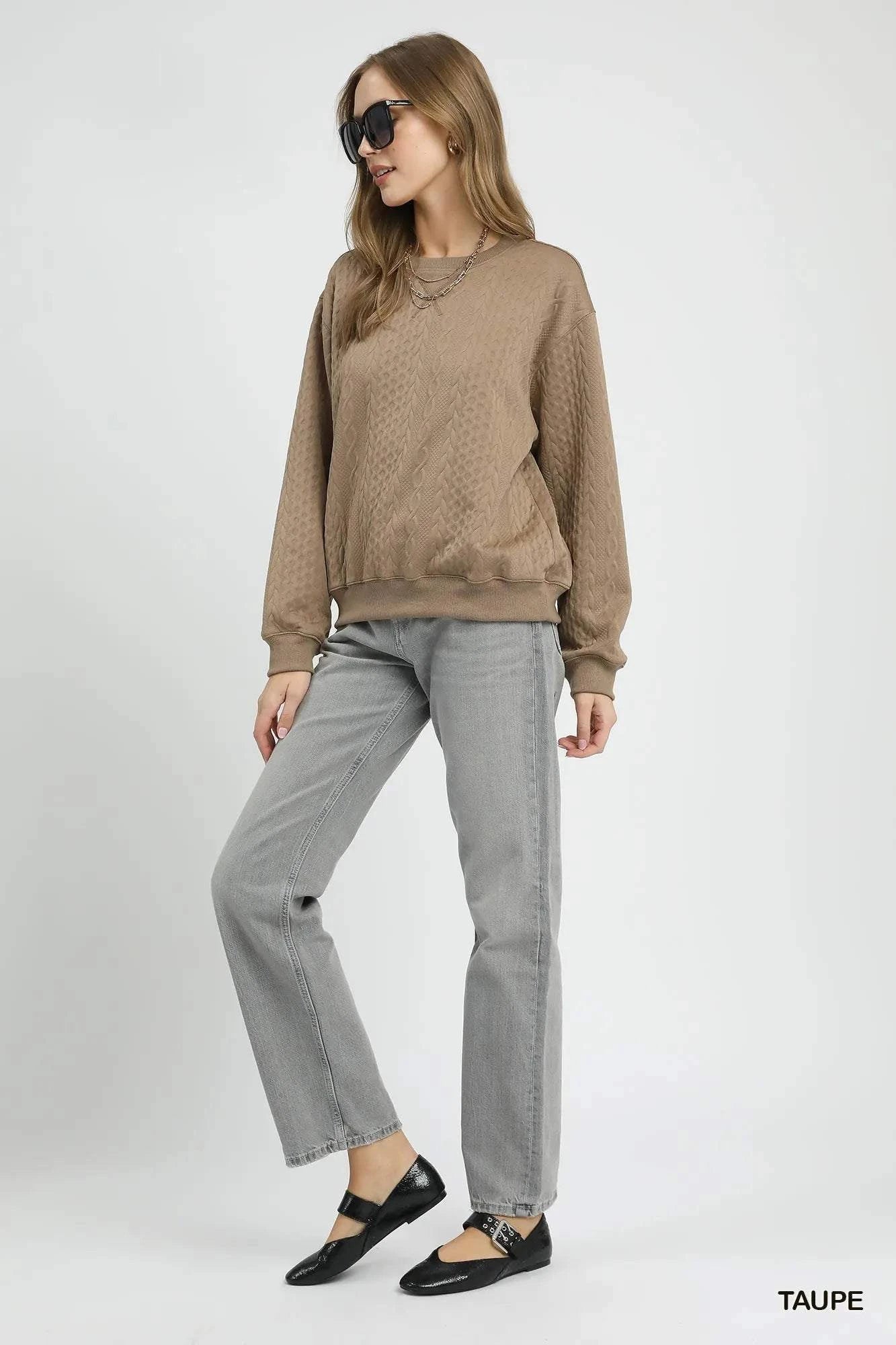 Umgee Cable Texture Pattern Sweatshirt with Ribbed Hem