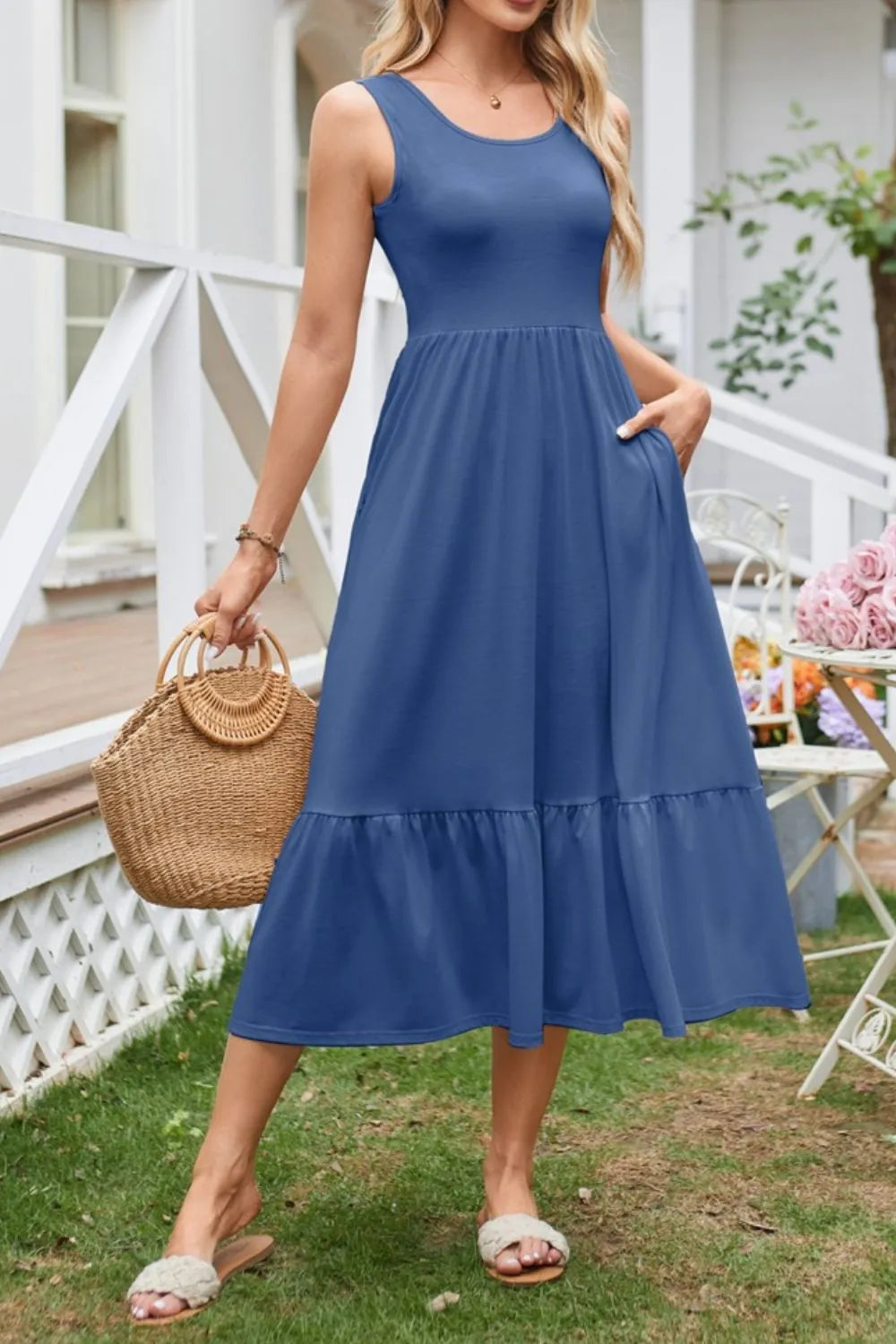 Round Neck Wide Strap Tank Dress