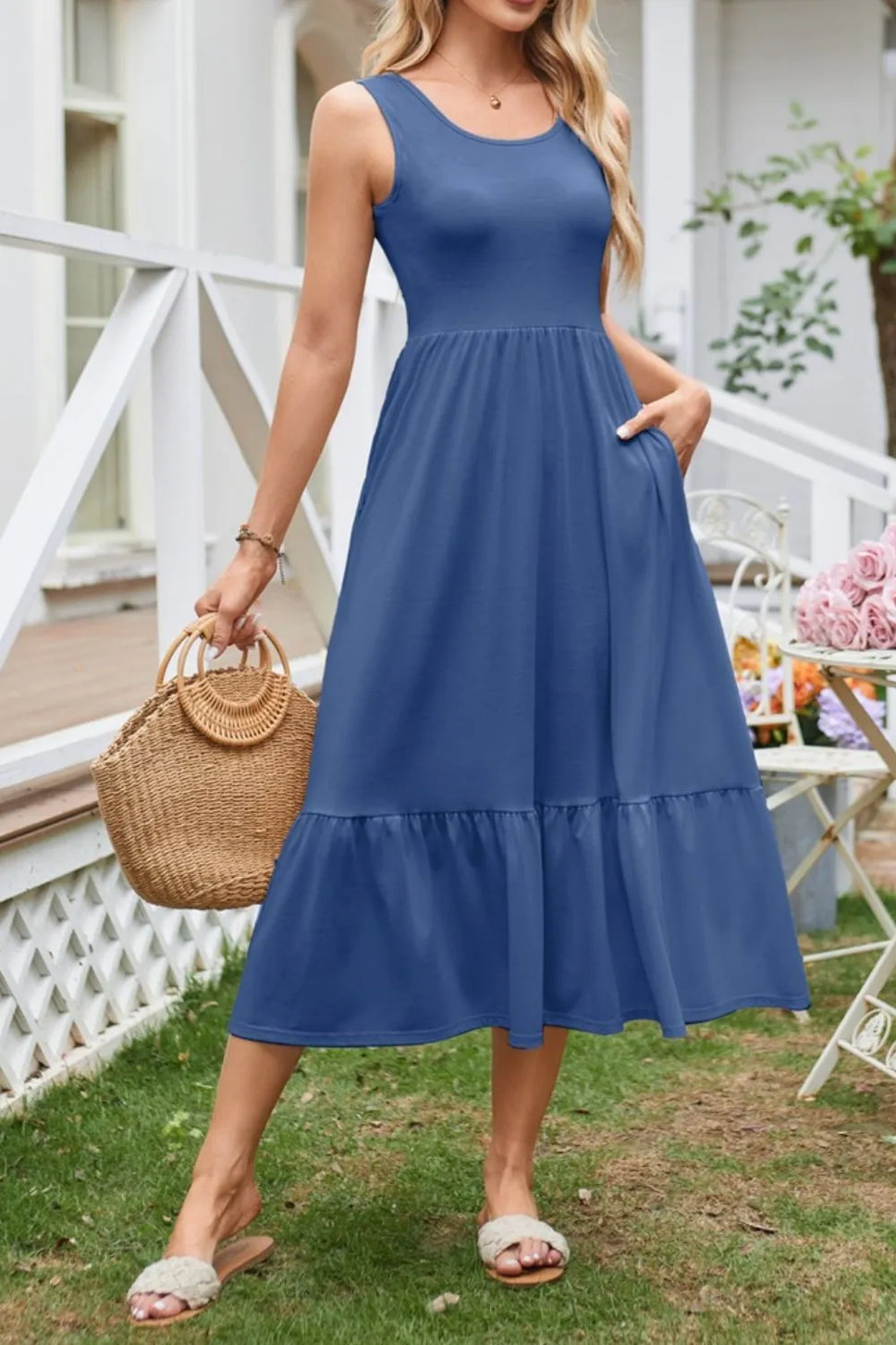 Round Neck Wide Strap Tank Dress