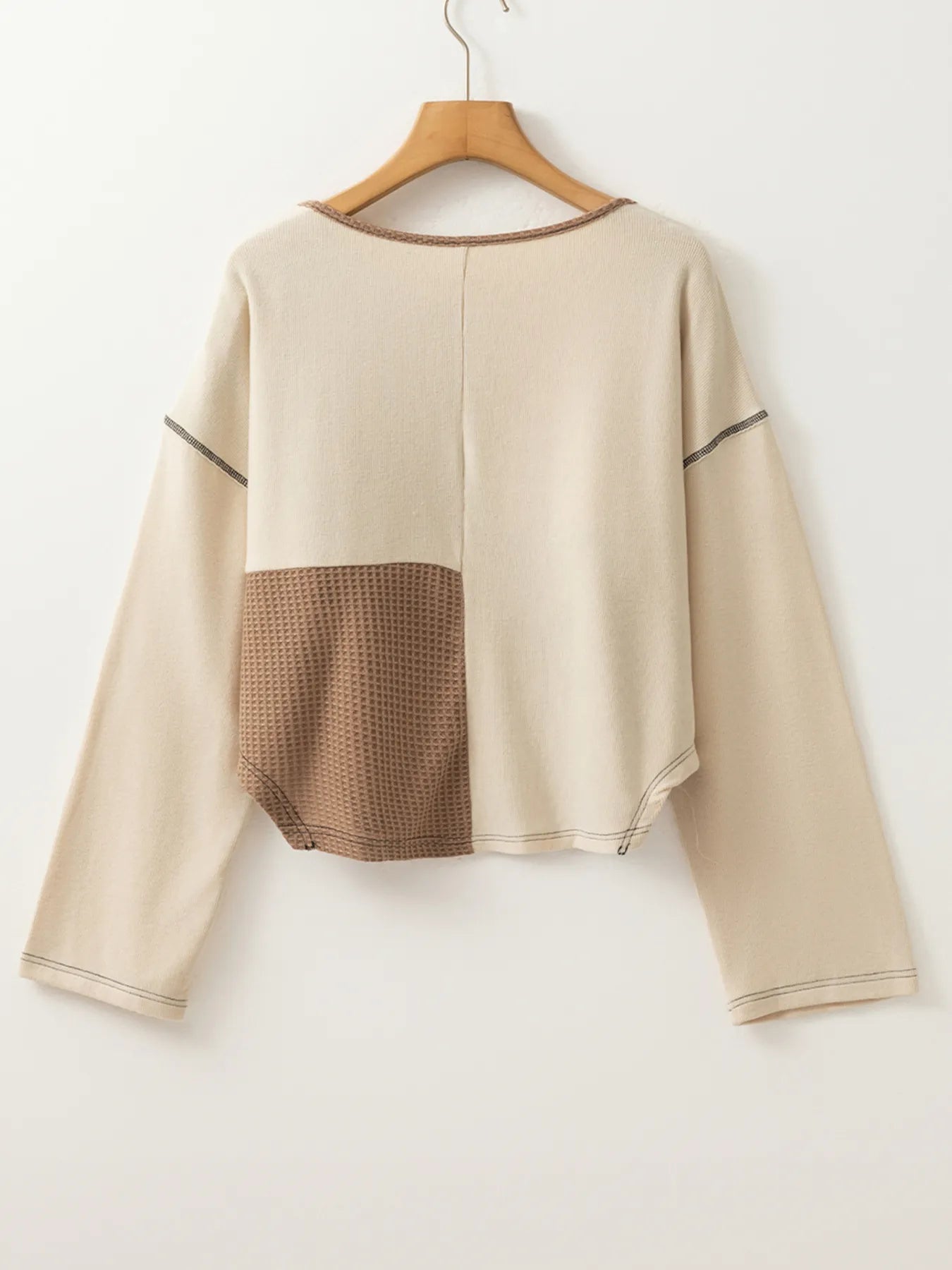 Color Block Waffle Knit Stitch Detail Long Sleeve Top