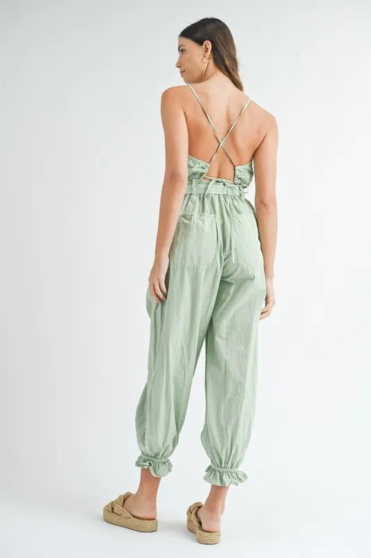MABLE Washed Fabric Spaghetti Strap Waist Belted Jumpsuit