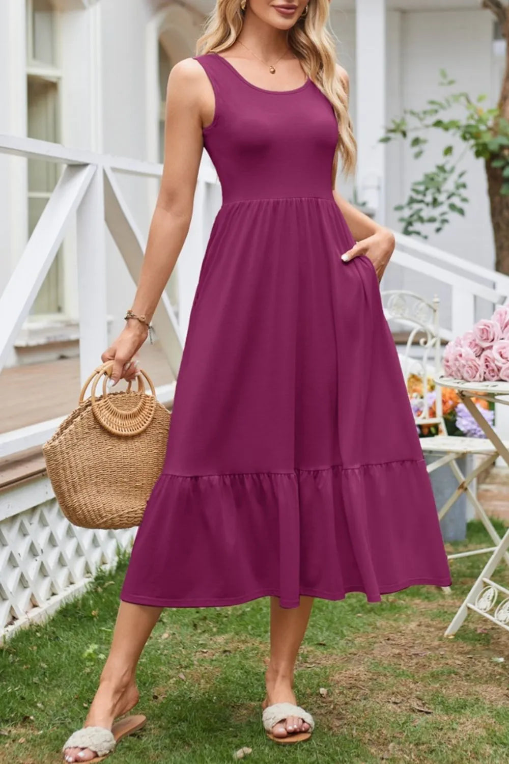 Round Neck Wide Strap Tank Dress