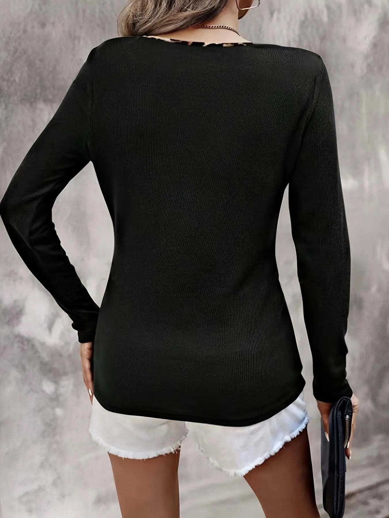 Leopard Trim Long Sleeve T-Shirt