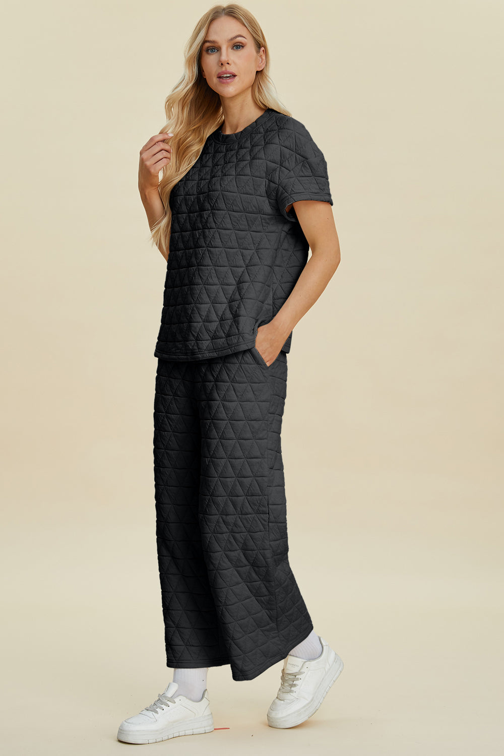 Full Size Texture Round Neck Short Sleeve Top and Pants