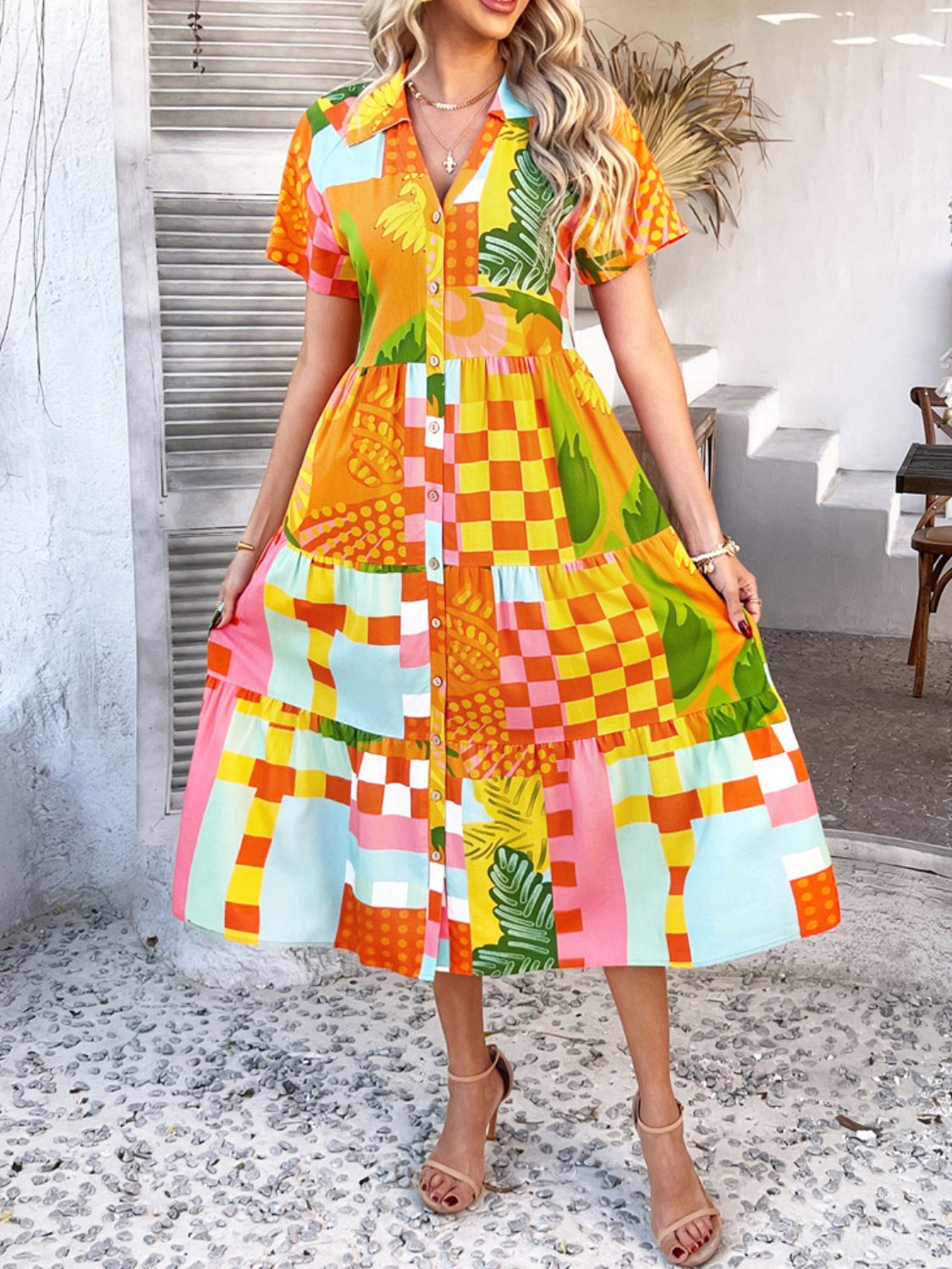 Devine Printed Johnny Collar Button Down Short Sleeve Midi Shirt Dress