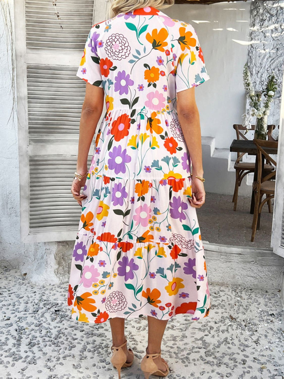 Devine Printed Johnny Collar Button Down Short Sleeve Midi Shirt Dress