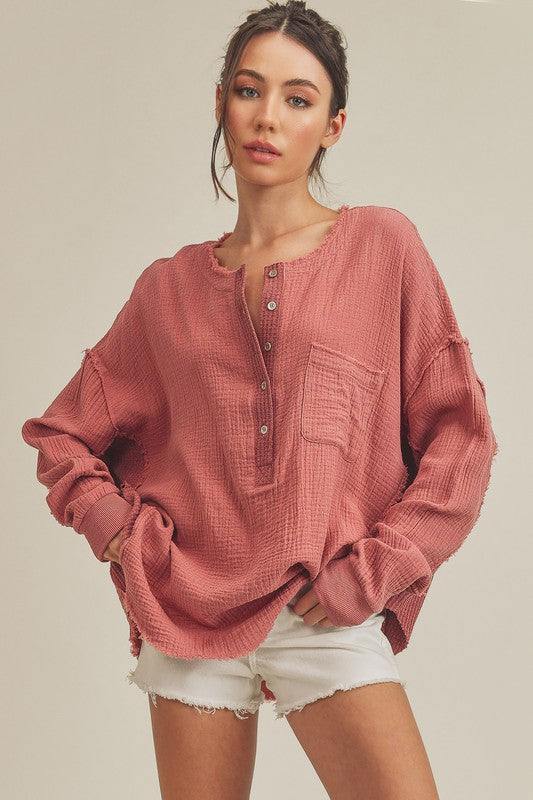Aemi + Co Exposed Seam Raw Hem Half Button Top