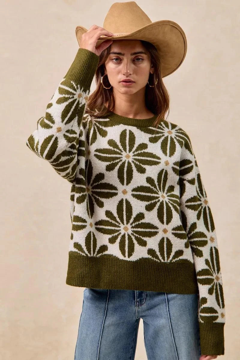 BiBi Flower Pattern Long Sleeve Sweater