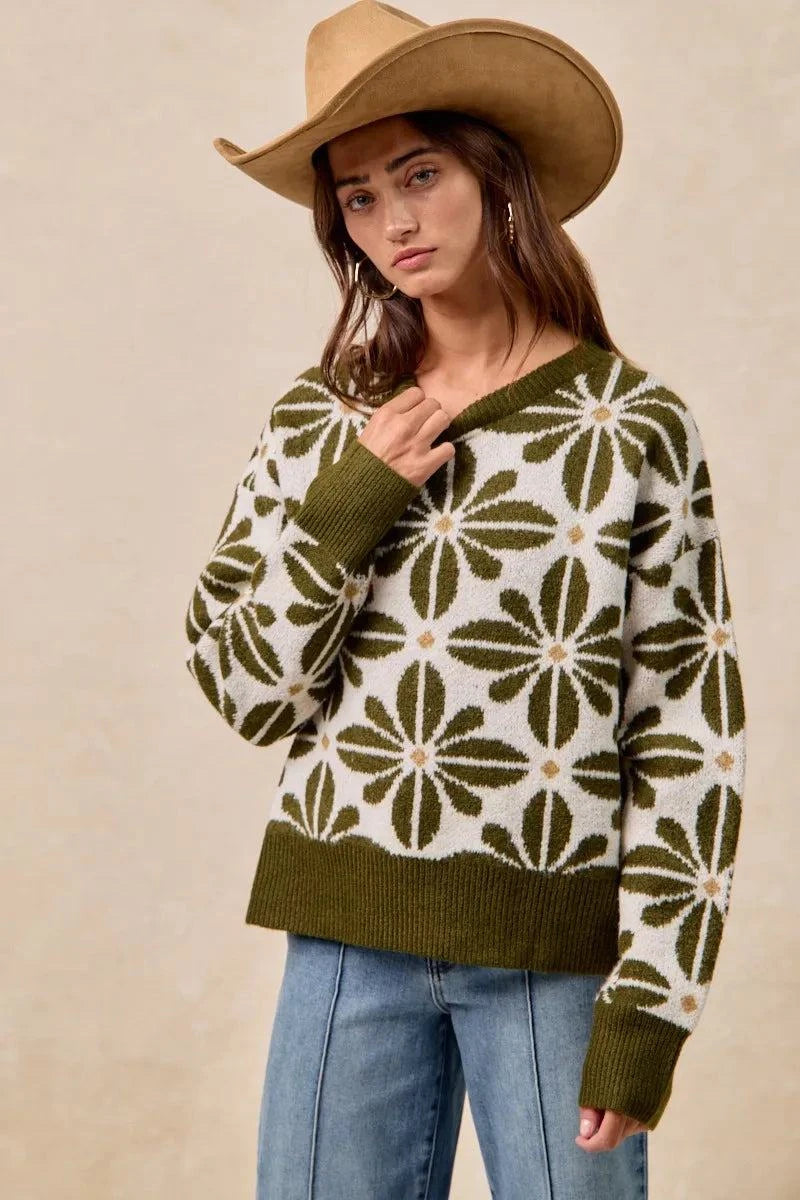BiBi Flower Pattern Long Sleeve Sweater