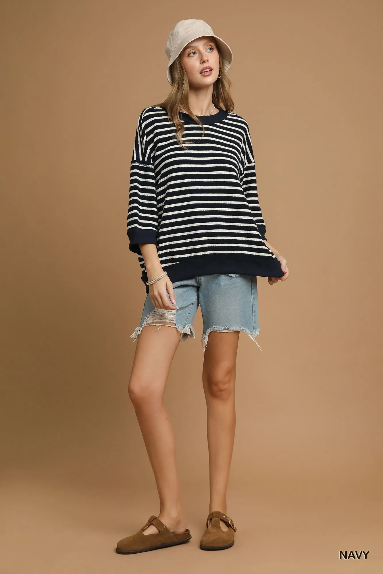 Umgee Ribbed Hem Striped Oversized Knit Top