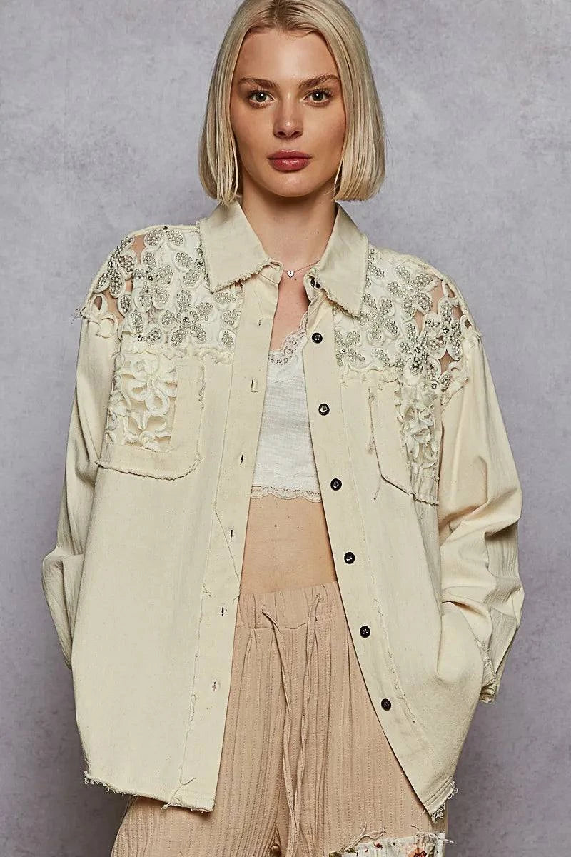 POL Button Down Raw Edg Shirt with Pearl Lace Patch