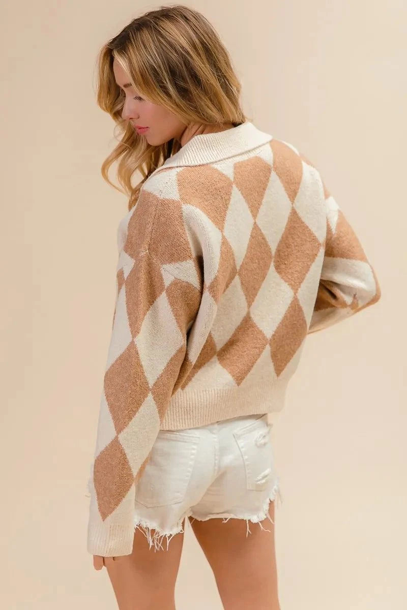 BiBi Diamond Pattern Collared Notch Neck Sweater