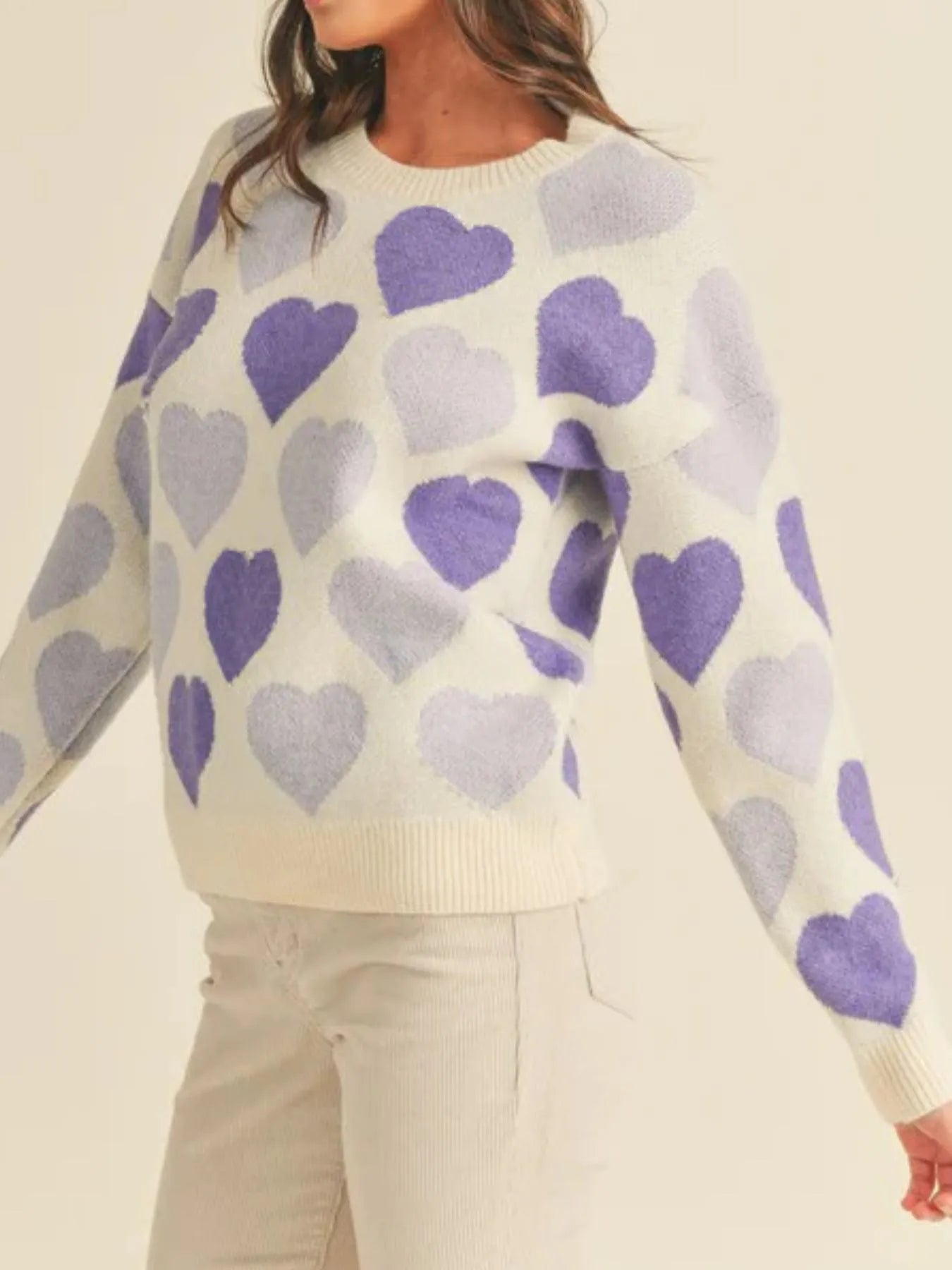 Heart Ribbed Hem Long Sleeve Sweater