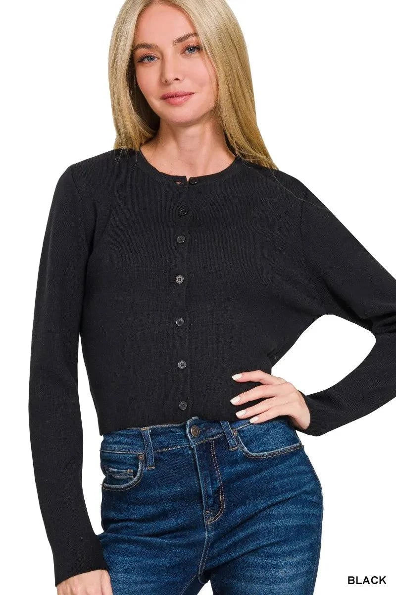 Zenana Button-Front Crewneck Long Sleeve Cropped Cardigan
