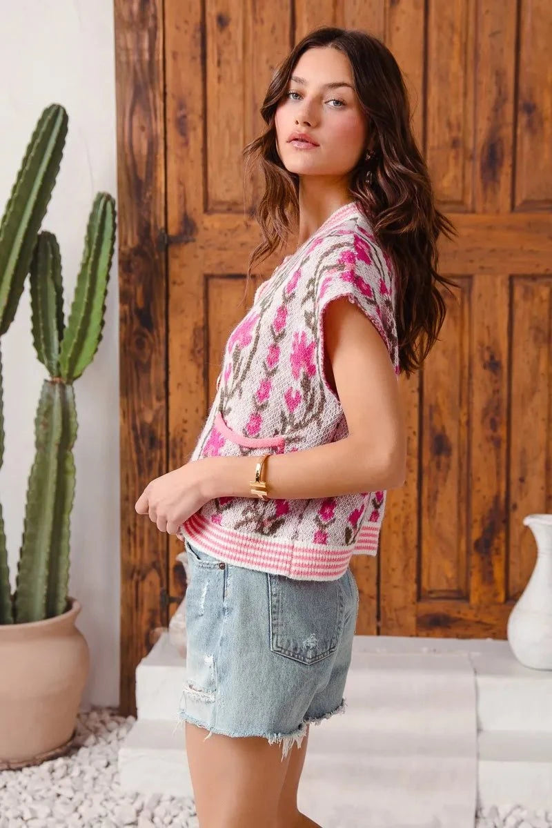 SO ME Button Front Floral and Stripe Knitted Sweater Vest