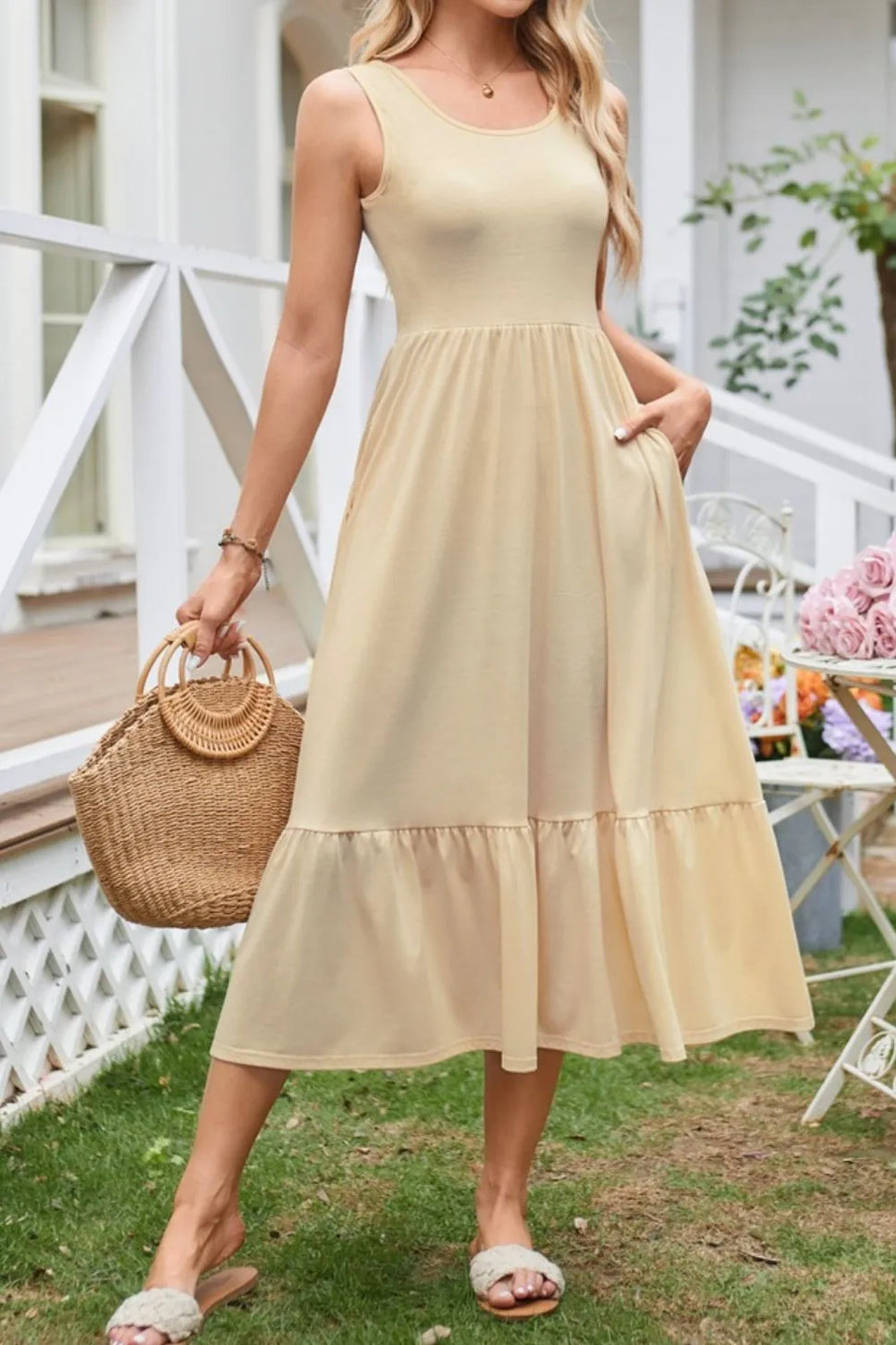 Round Neck Wide Strap Tank Dress