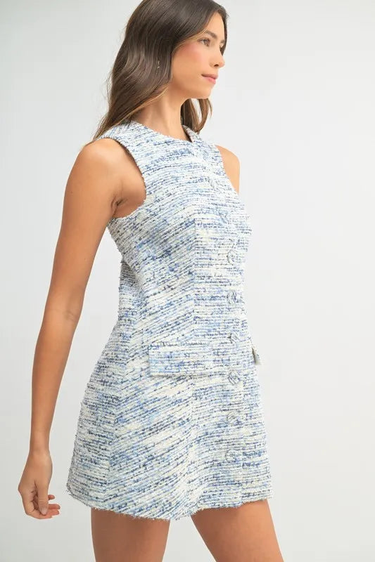 MABLE Tweed Sleeveless Button Down Mini Dress