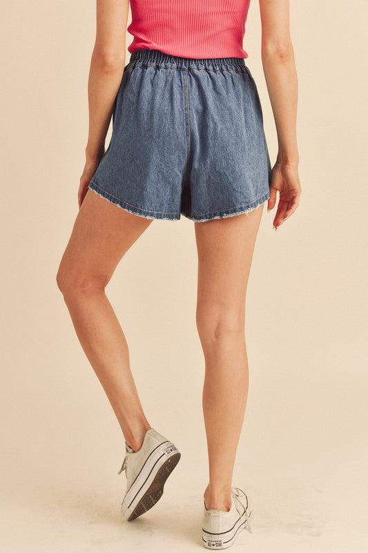 Aemi + Co Frayed Hem Elastic Waist Denim Shorts