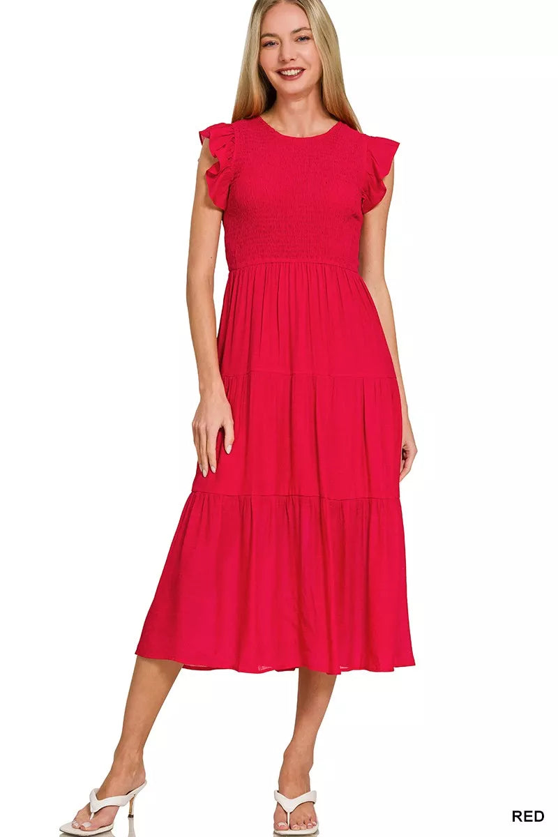 Zenana Woven Smocked Ruffle Sleeve Midi Dress