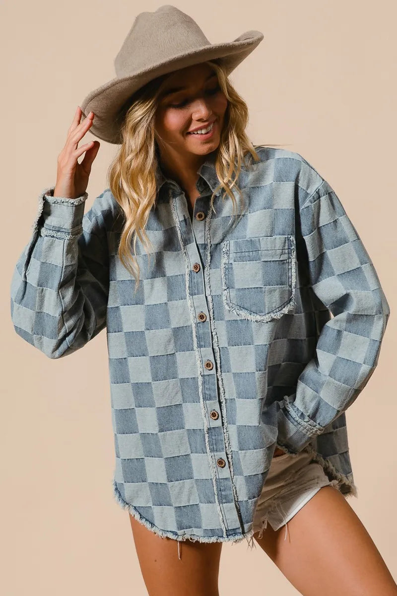 BiBi Frayed Edged Detail Washed Checker Denim Shirt
