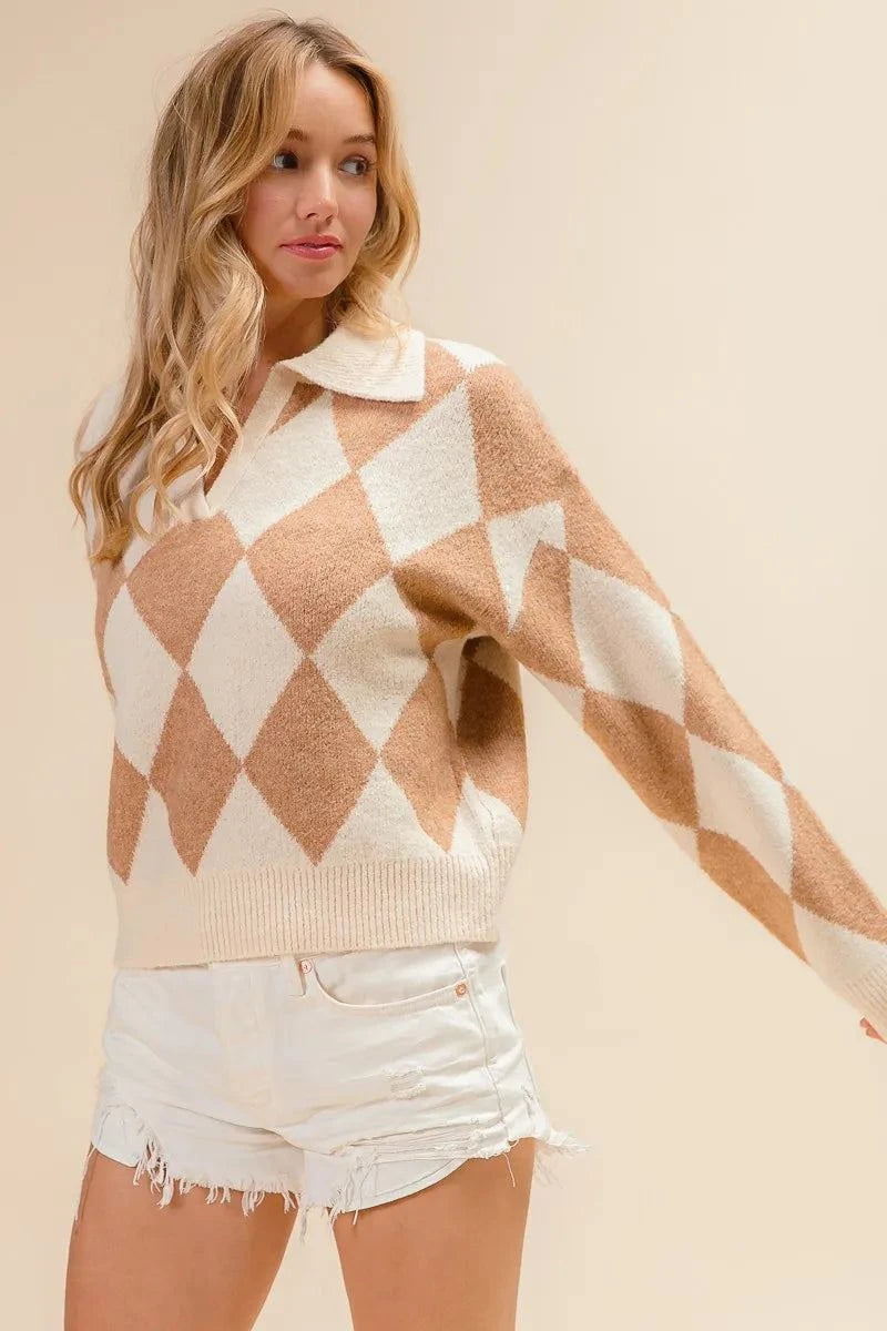 BiBi Diamond Pattern Collared Notch Neck Sweater