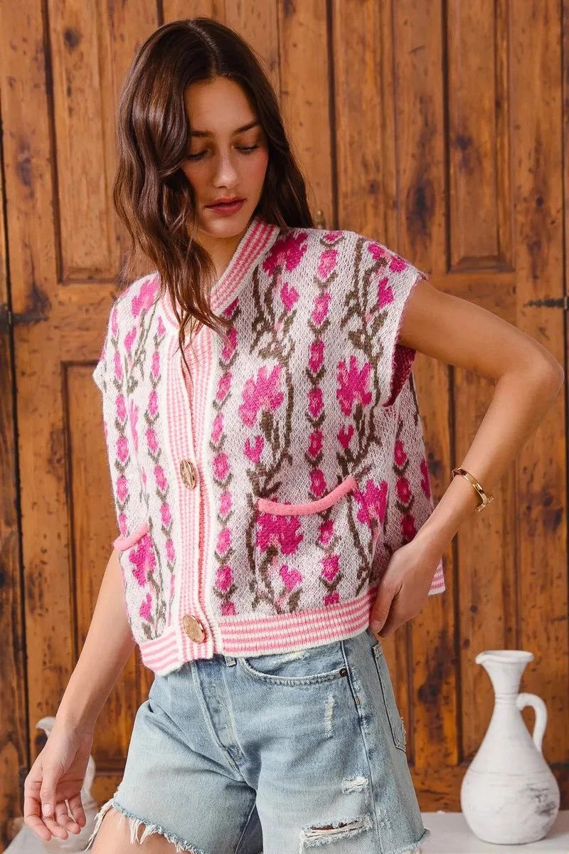 SO ME Button Front Floral and Stripe Knitted Sweater Vest