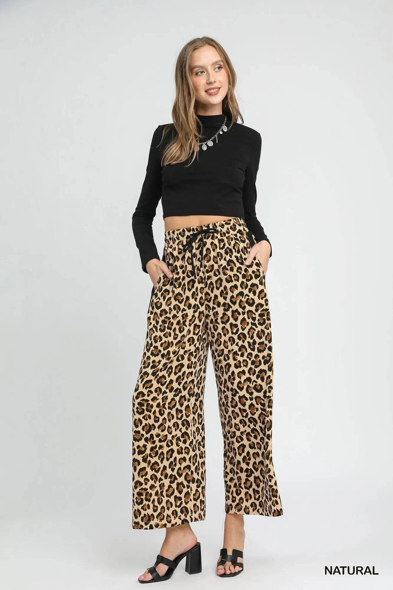 Umgee Leopard Print Wide-Leg Drawstring Pants