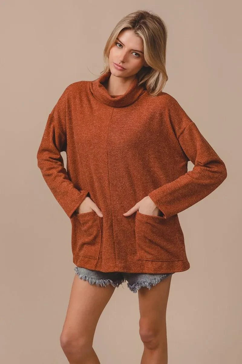 BiBi Piper Rib Double Pocket Turtle Neck Sweater