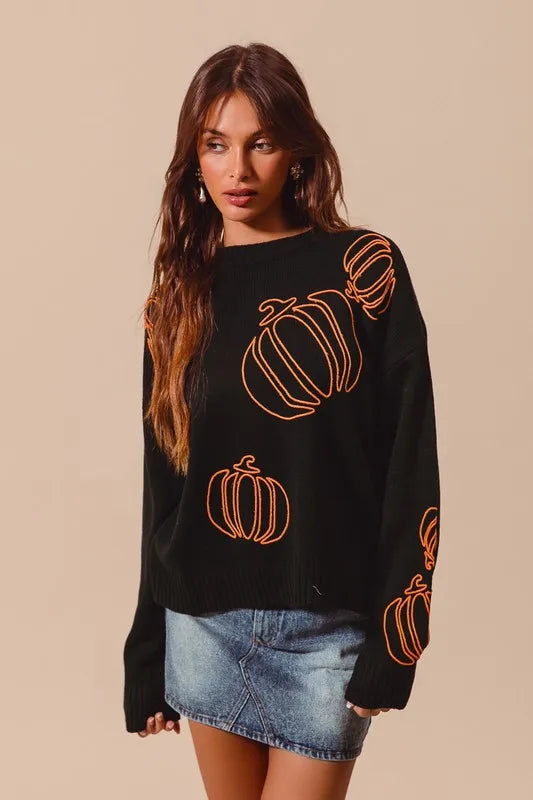 SO ME Pumpkin Embroidered Halloween Thanksgiving Sweater