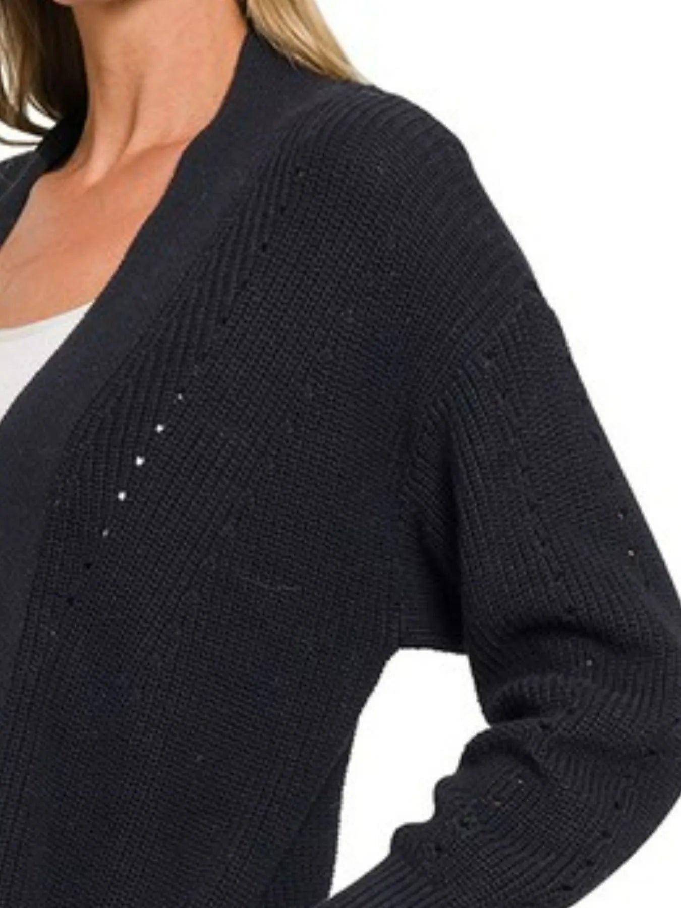 Zenana Eyelet Open Sweater Cardigan with Pockets