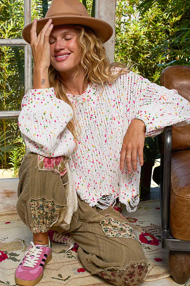 POL Round Neck Fringed Hem Sweater