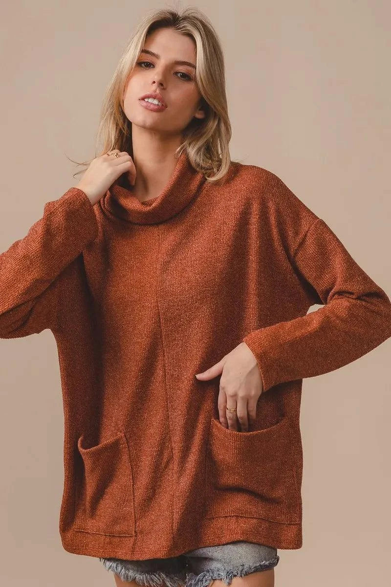BiBi Piper Rib Double Pocket Turtle Neck Sweater