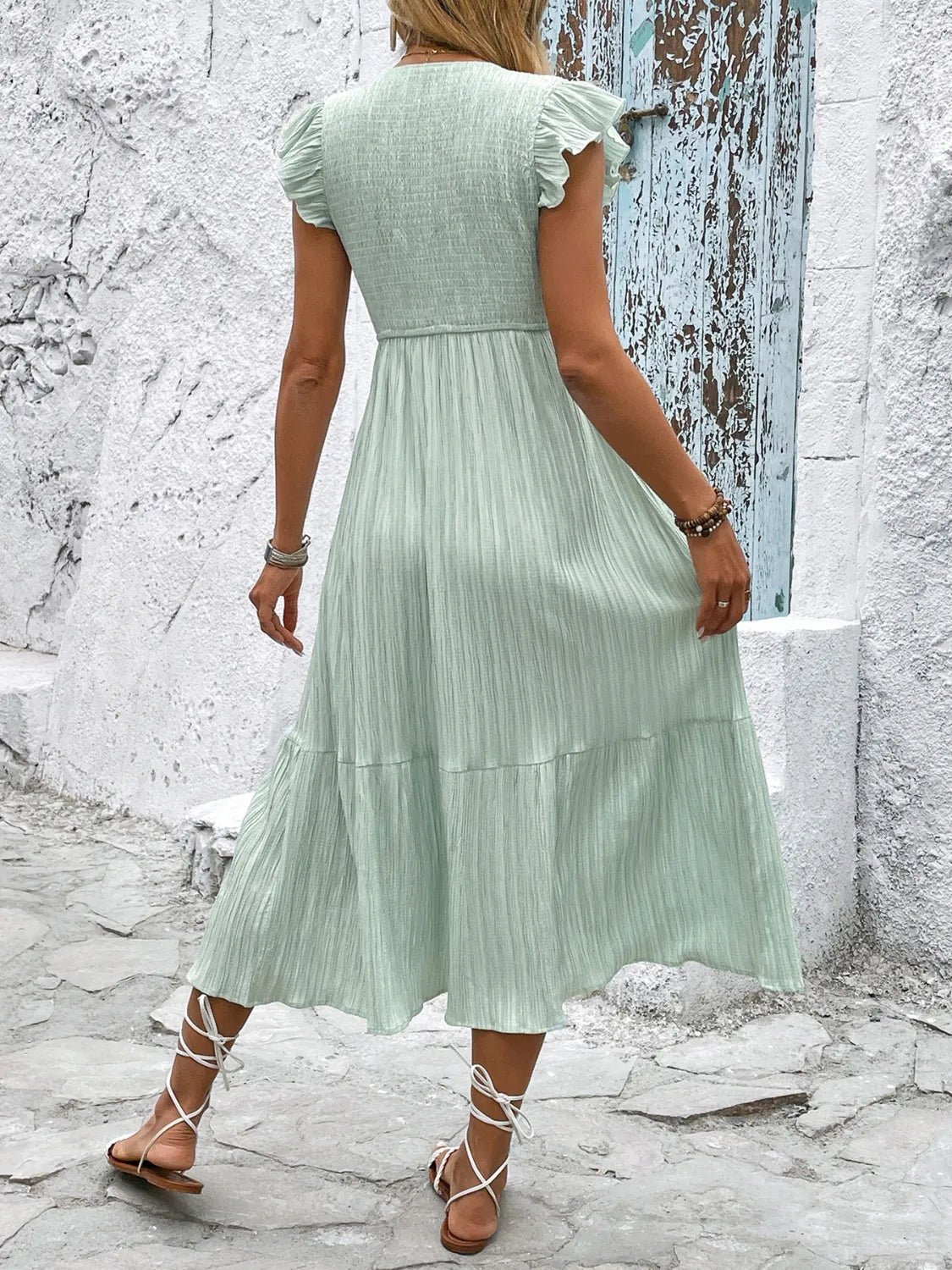 V-Neck Ruffled Cap Sleeve Dress