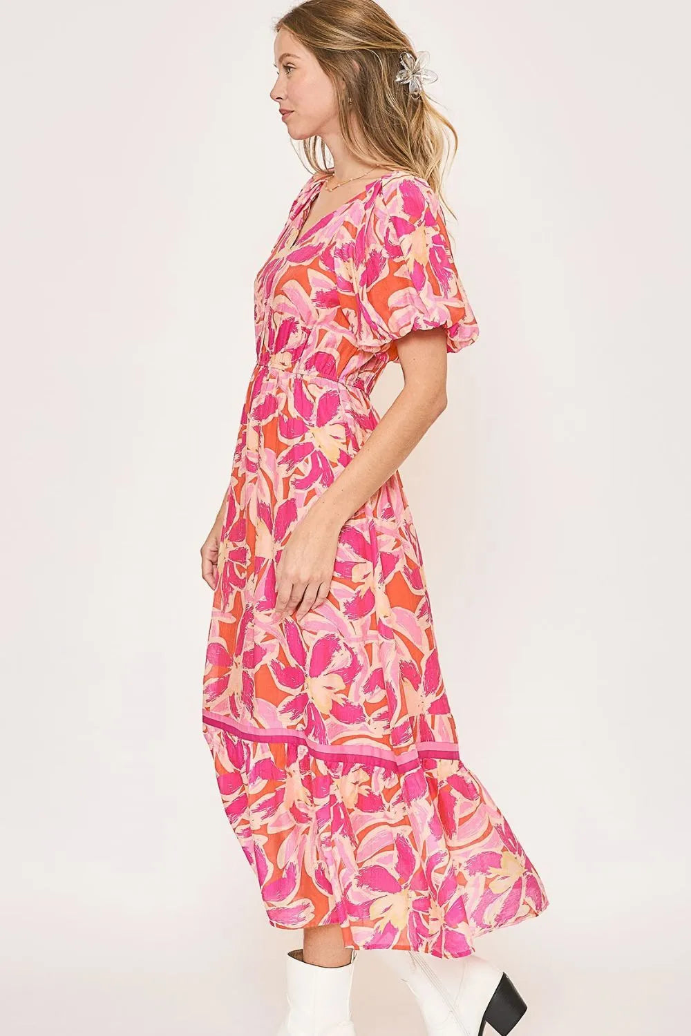 Umgee Floral Notched Puff Sleeve Midi Dress