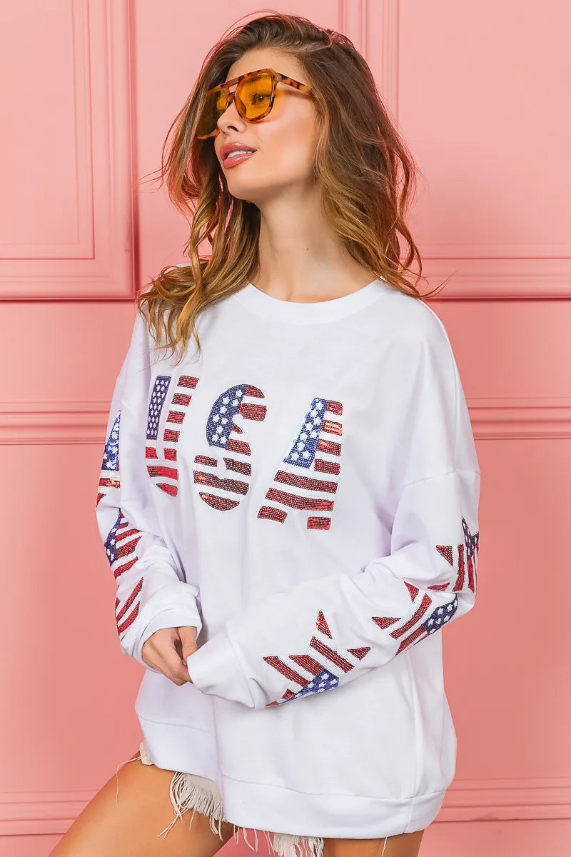 BiBi American Flag USA and Star Sequin Sweatshirt