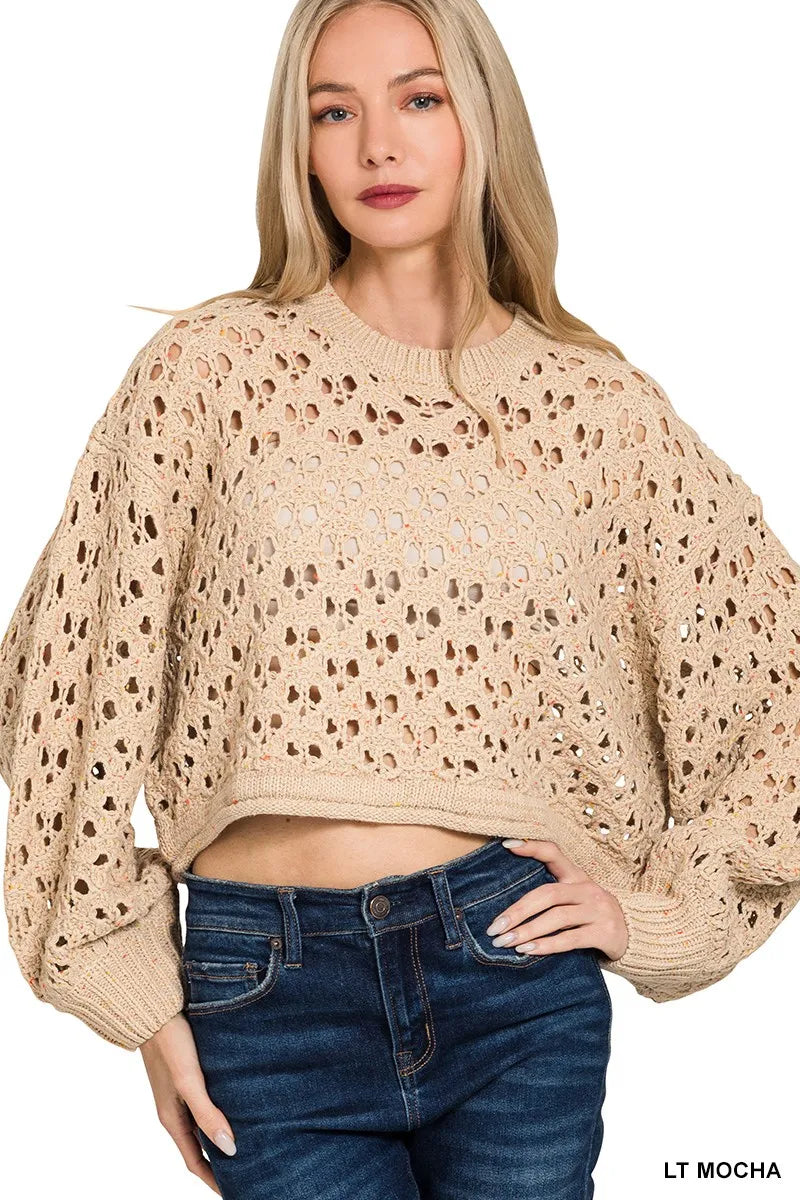 Zenana Oversized Cropped Crochet Knit Sweater