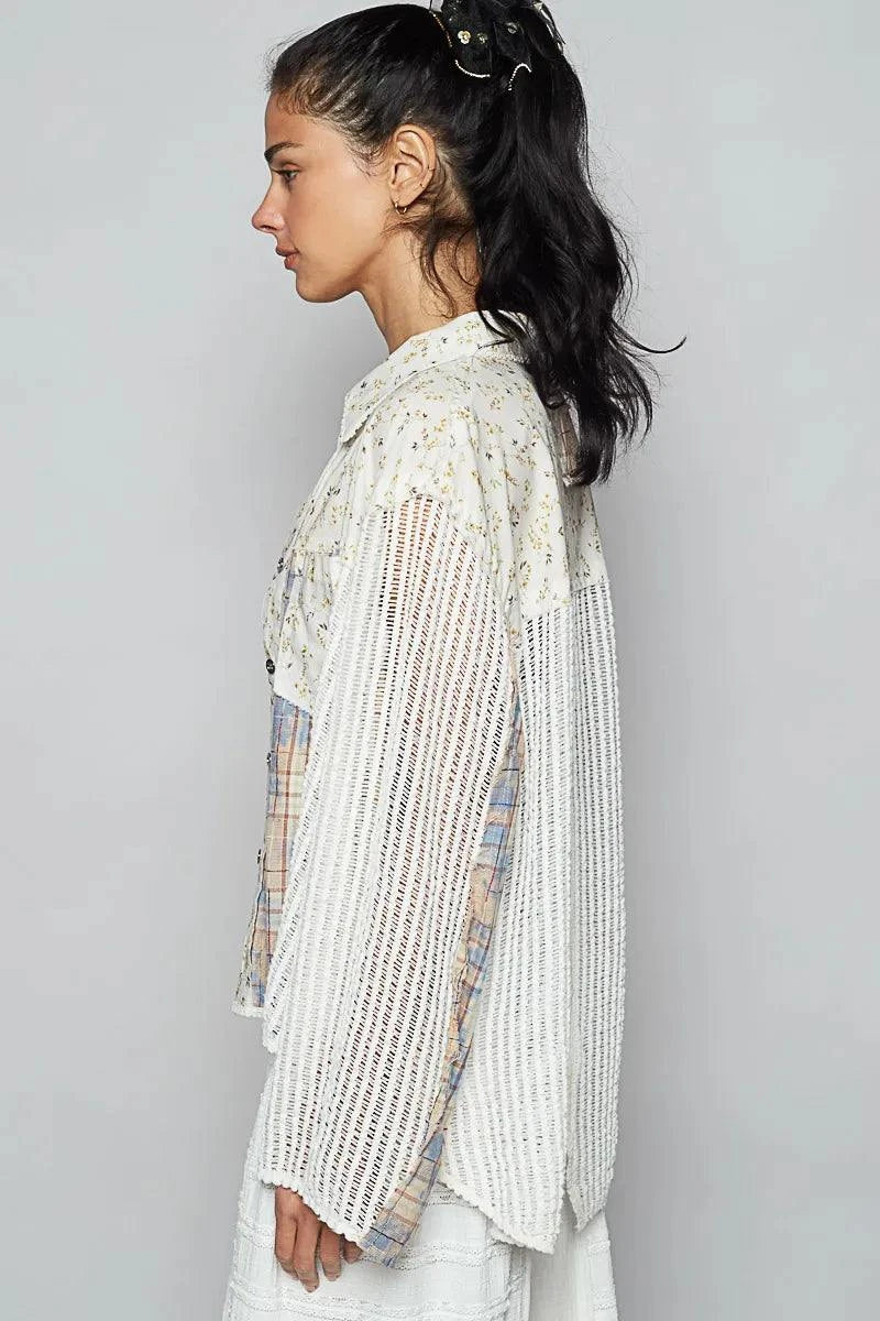 POL Floral Slit Back Plaid Patchwork Shirt