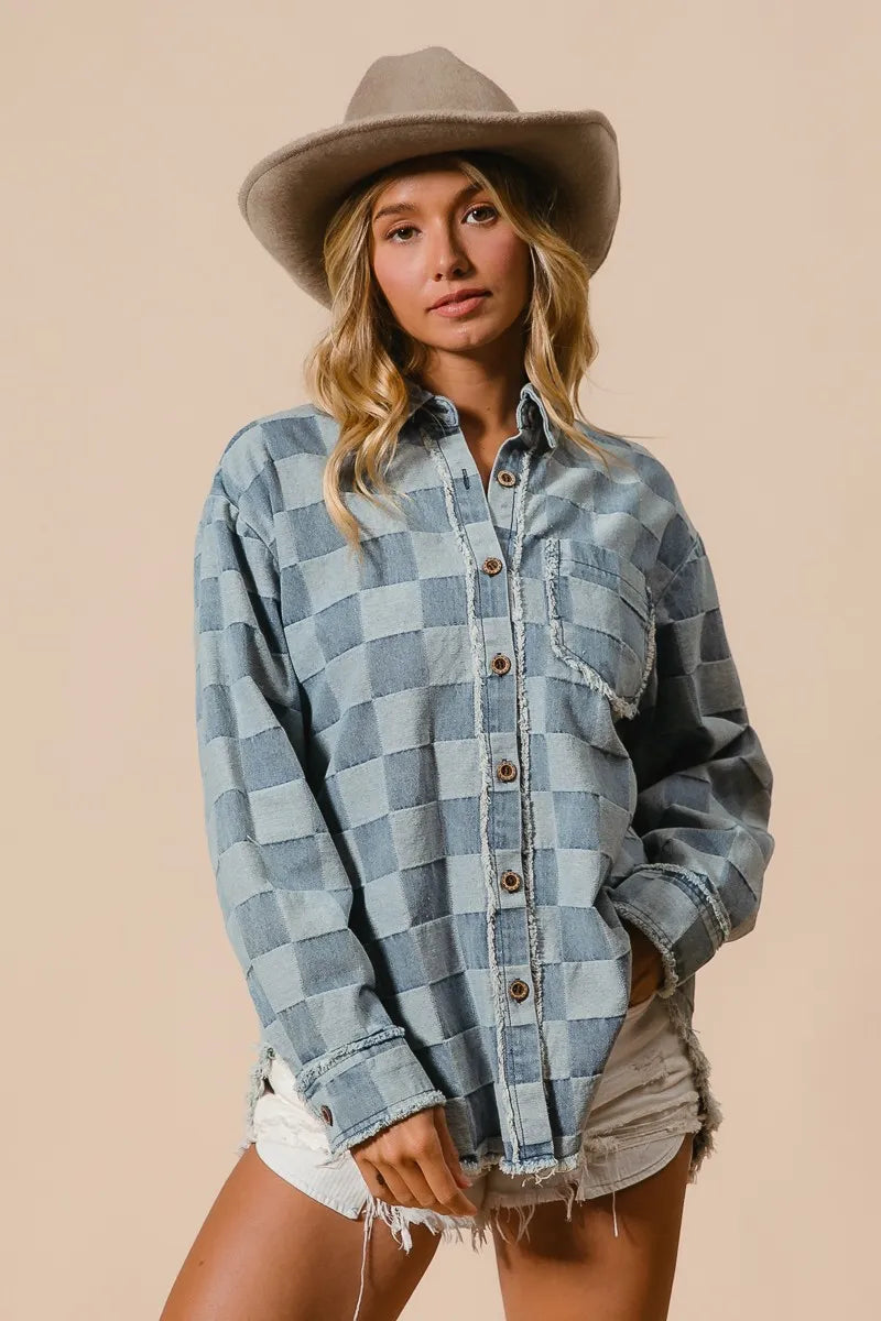 BiBi Frayed Edged Detail Washed Checker Denim Shirt