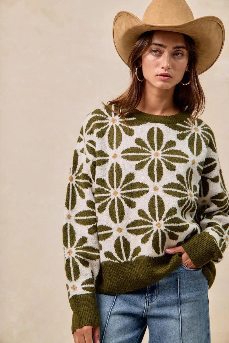 BiBi Flower Pattern Long Sleeve Sweater