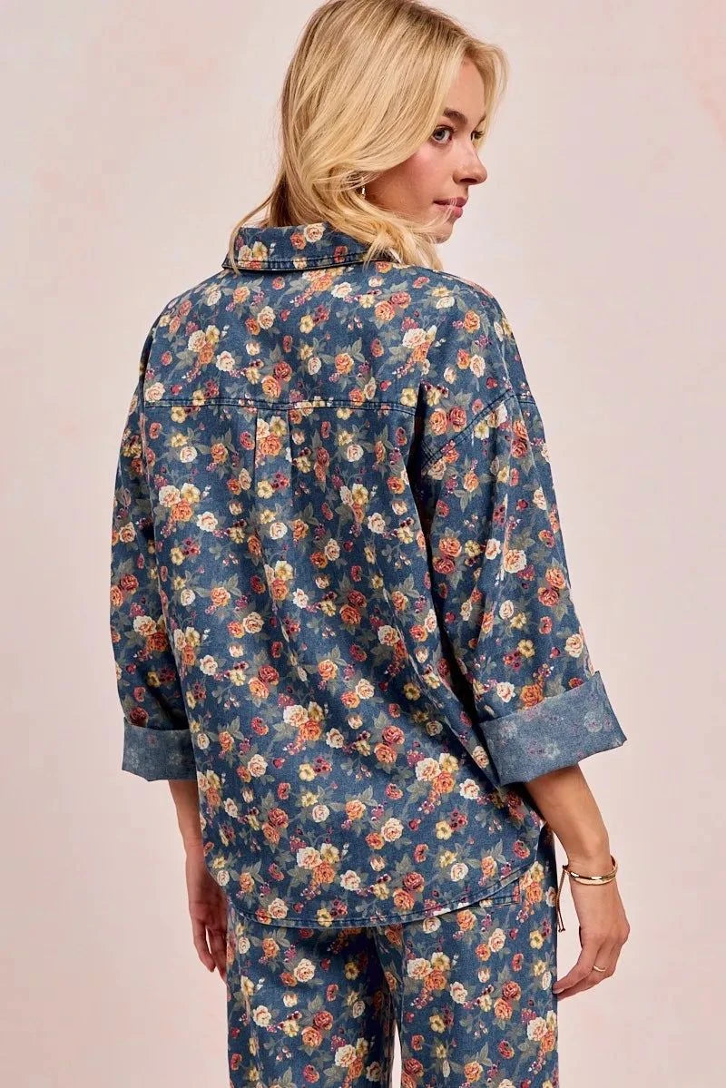 BiBi Washed Floral Print Denim Jacket