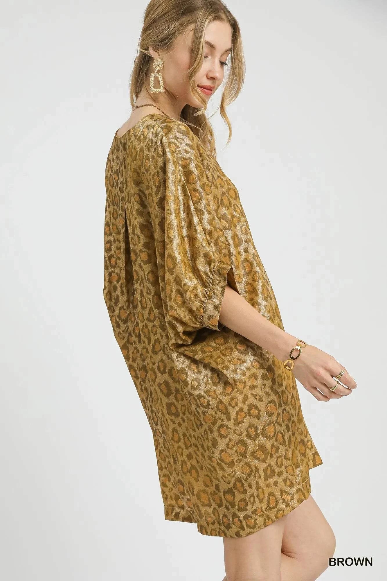 Umgee Metallic Leopard Print V-Neck Kimono Dress