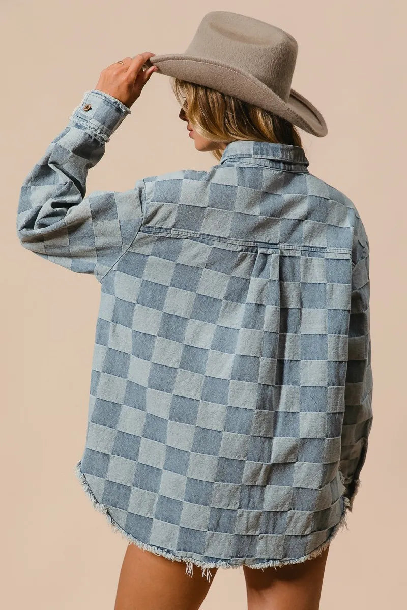 BiBi Frayed Edged Detail Washed Checker Denim Shirt