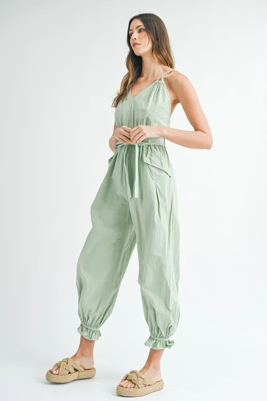 MABLE Washed Fabric Spaghetti Strap Waist Belted Jumpsuit