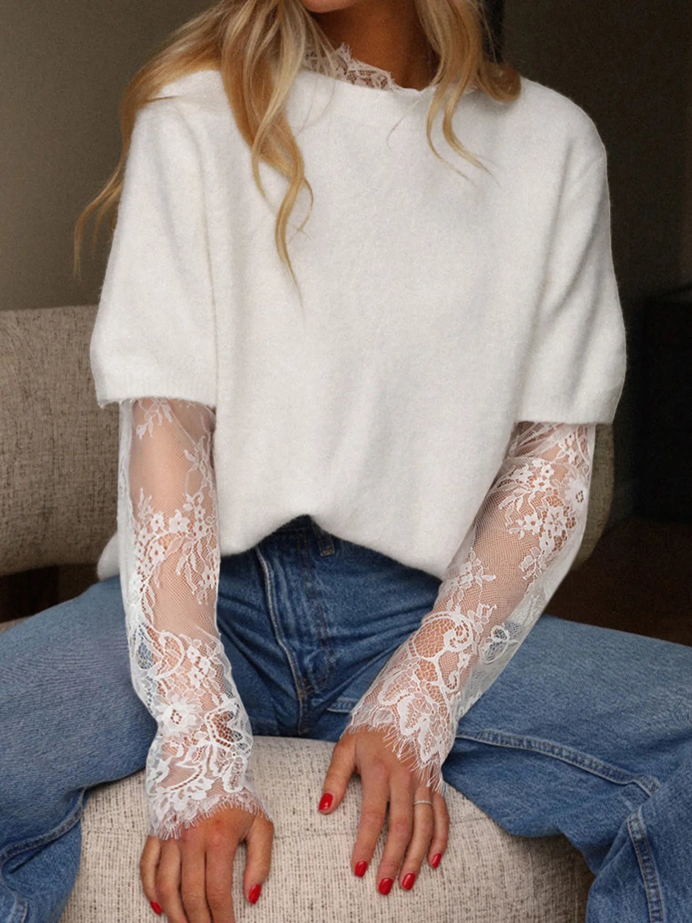 Lace Sleeve Patchwork Faux Two-piece Fuzzy Sweater