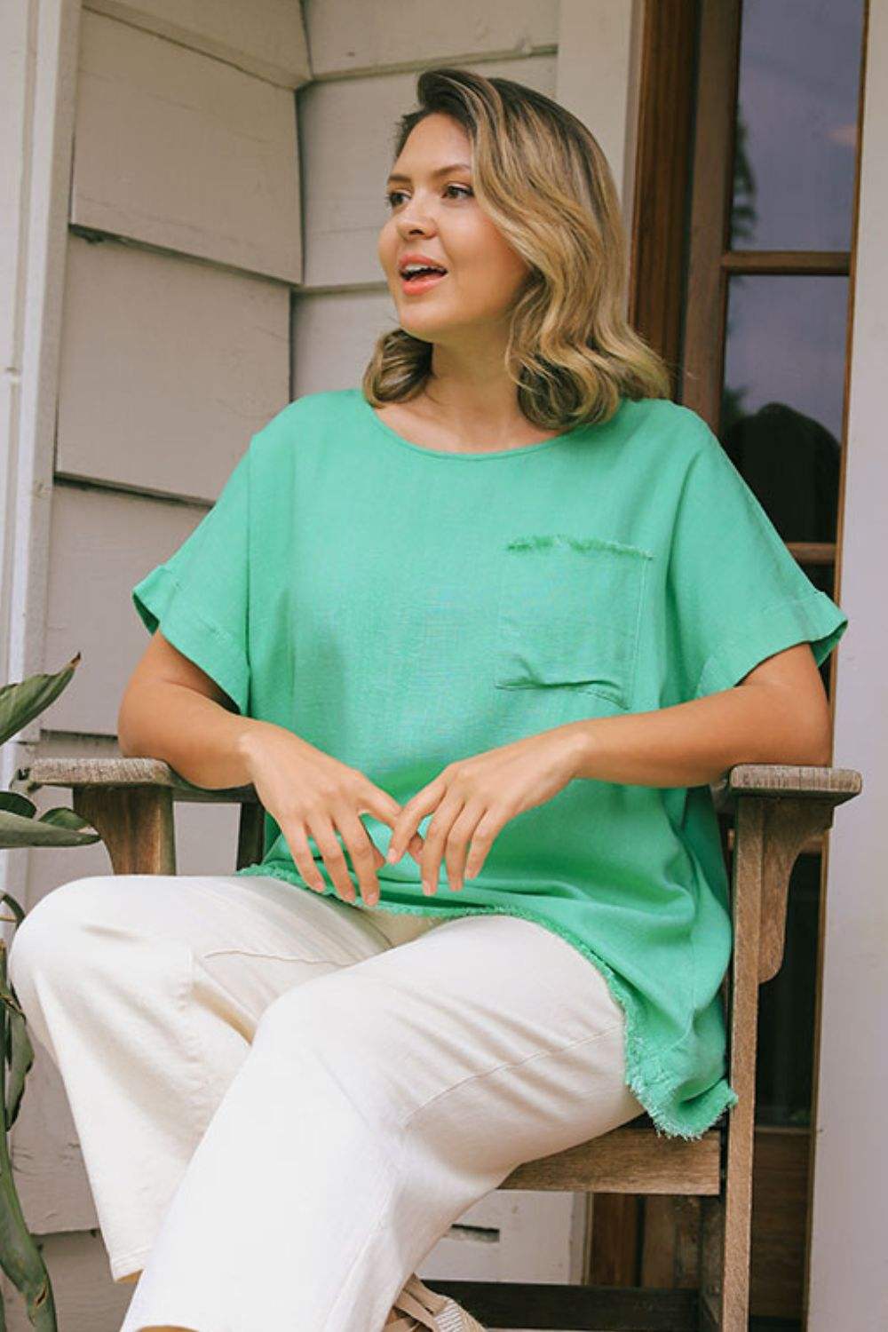 Umgee Full Size Linen Blend Cuffed Sleeve Frayed Hemline Top Plus Size