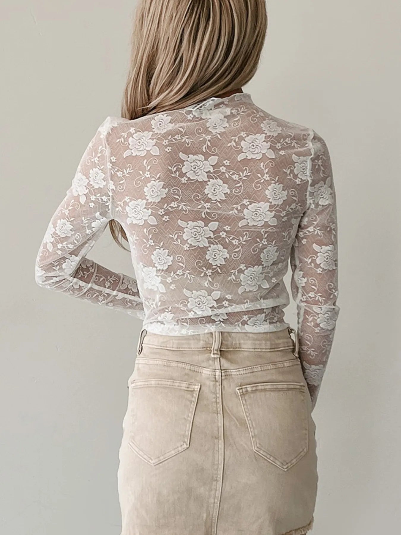 Sheer Floral Lace Mesh Mock Neck Long Sleeve Top