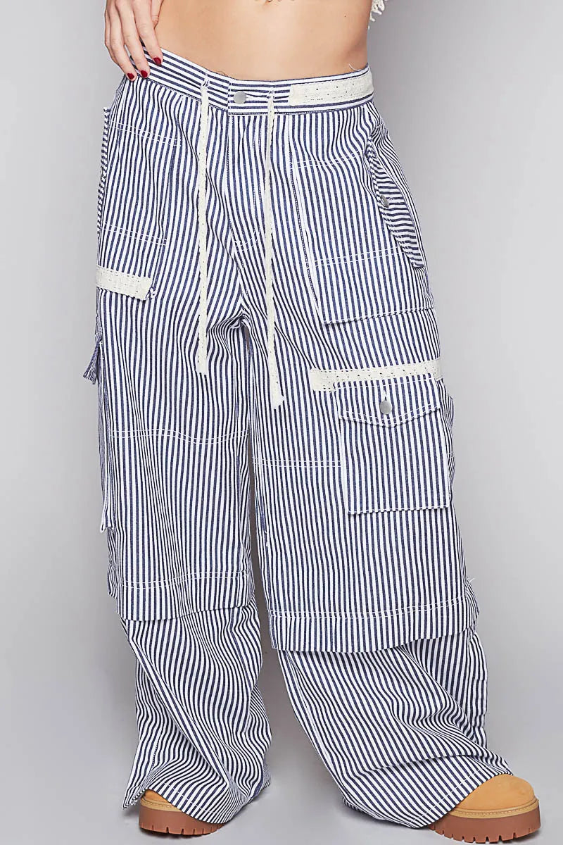 POL Striped Wide Leg Pants with Cargo Pockets