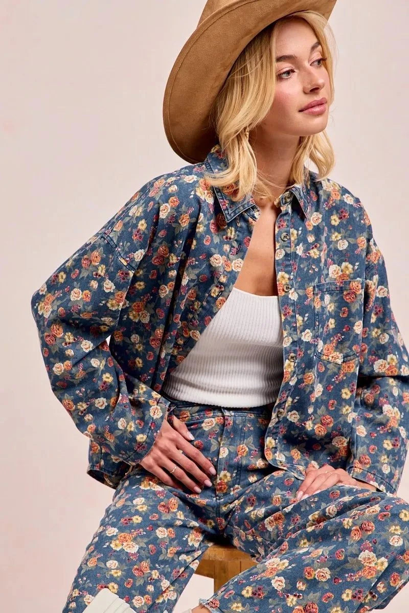 BiBi Washed Floral Print Denim Jacket