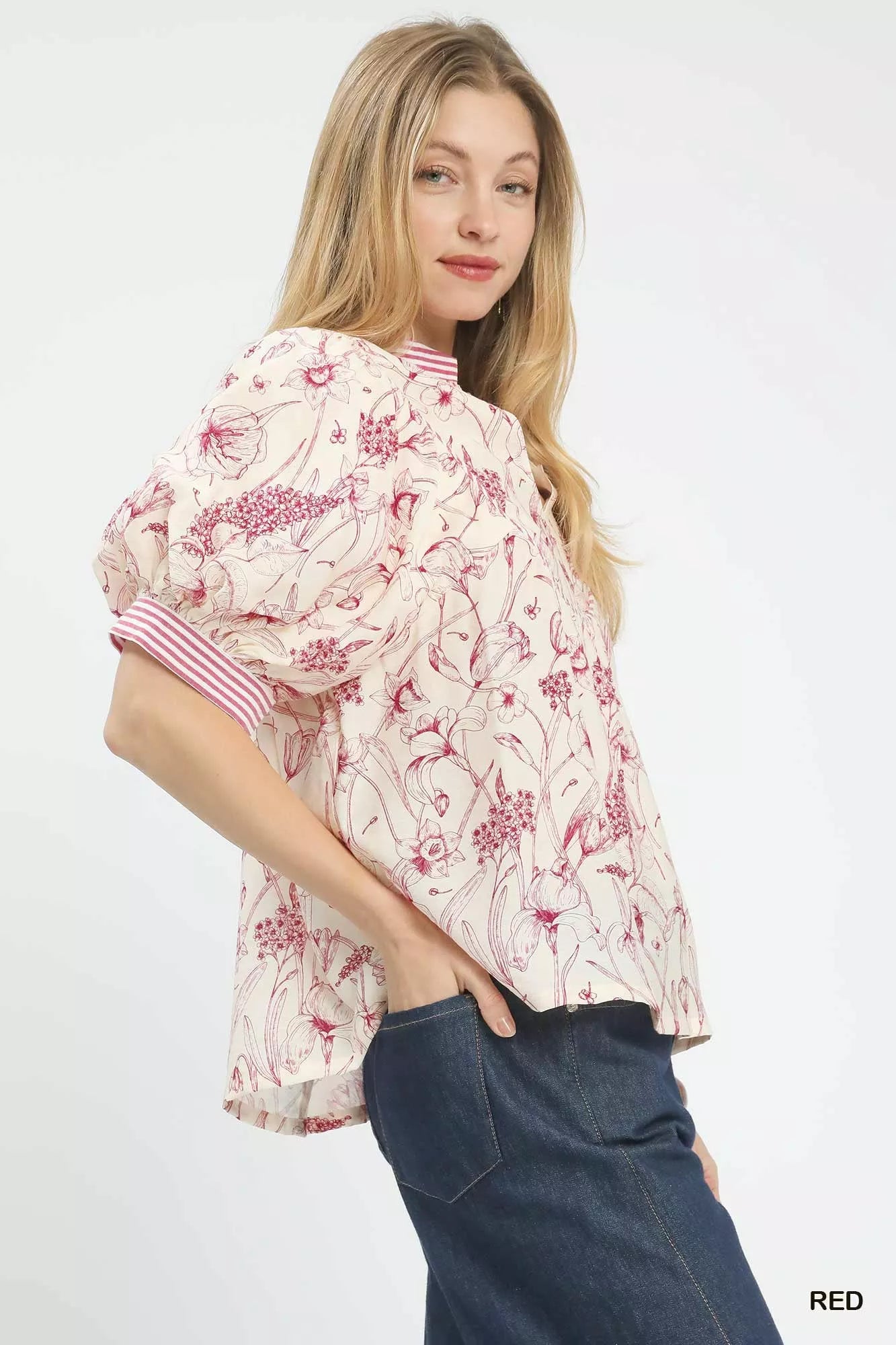 Umgee Mixed Print Puff Sleeve Split Neck Top